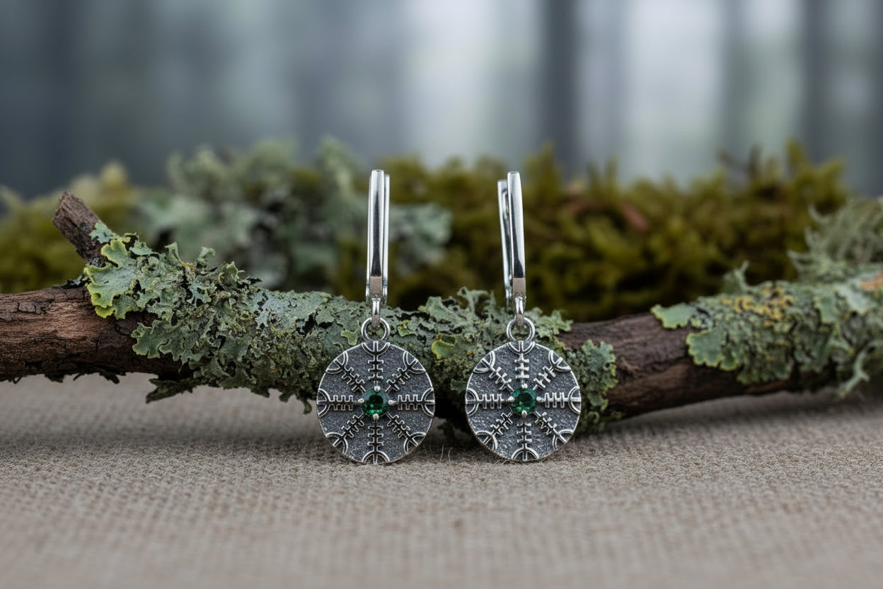 vkngjewelry Earrings Handcrafted Silver Runes with Aegishjalmur Drop Earrings