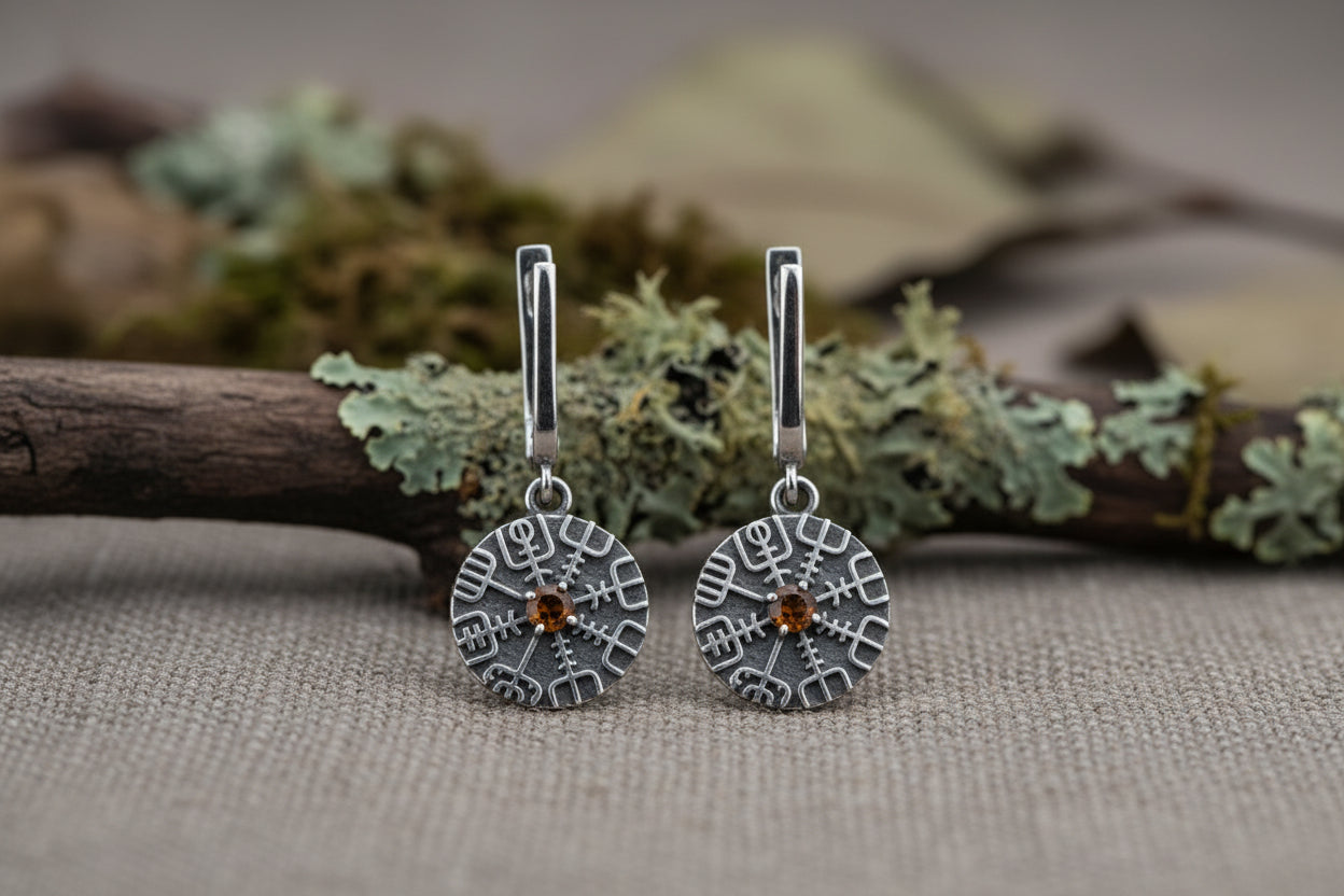 vkngjewelry Earrings Handcrafted Silver Runes with Vegvisir Drop Earrings
