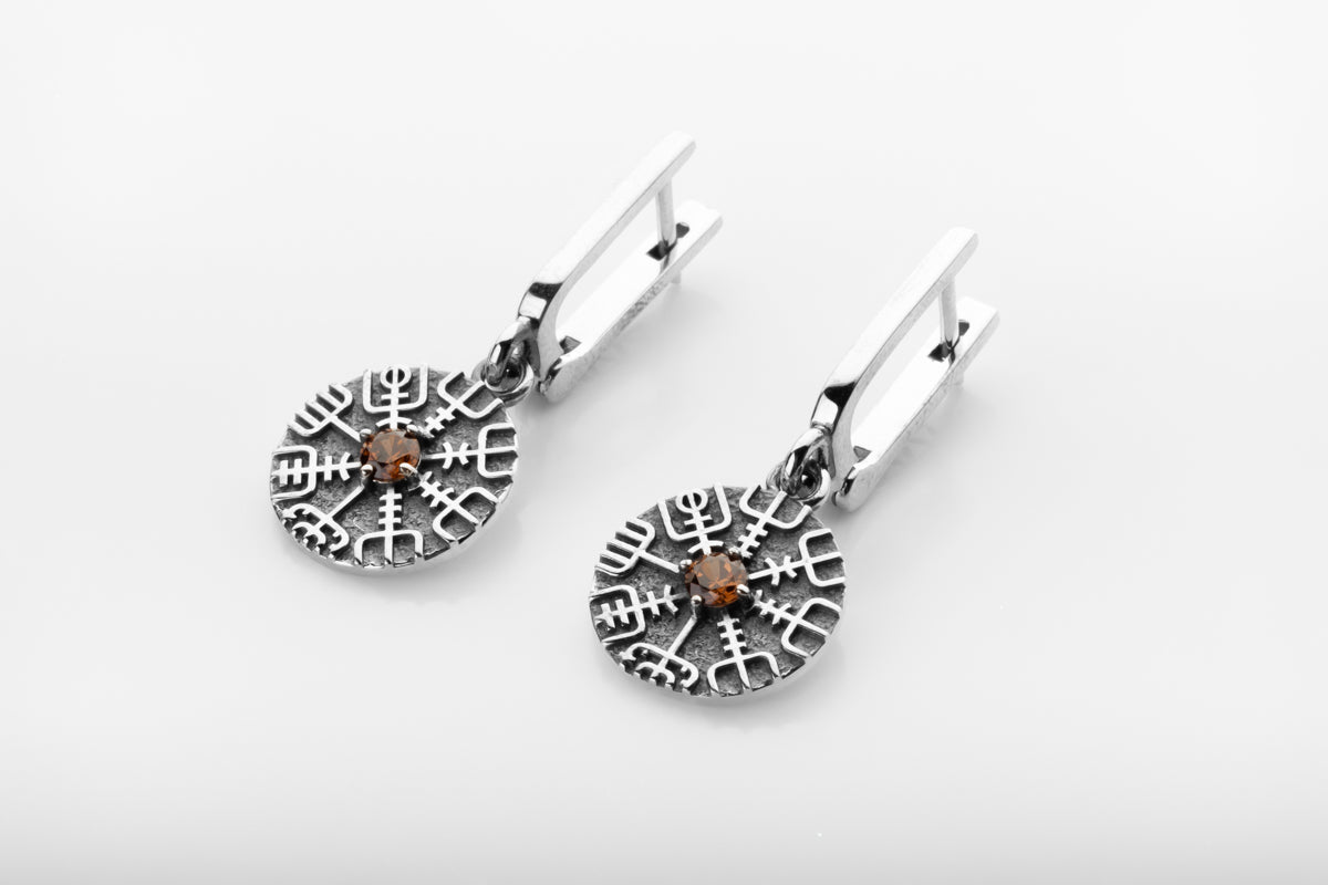 vkngjewelry Earrings Handcrafted Silver Runes with Vegvisir Drop Earrings