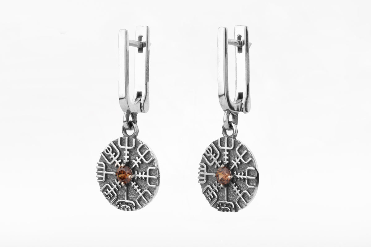 vkngjewelry Earrings Handcrafted Silver Runes with Vegvisir Drop Earrings