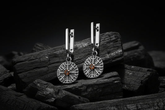 vkngjewelry Earrings Handcrafted Silver Runes with Vegvisir Drop Earrings