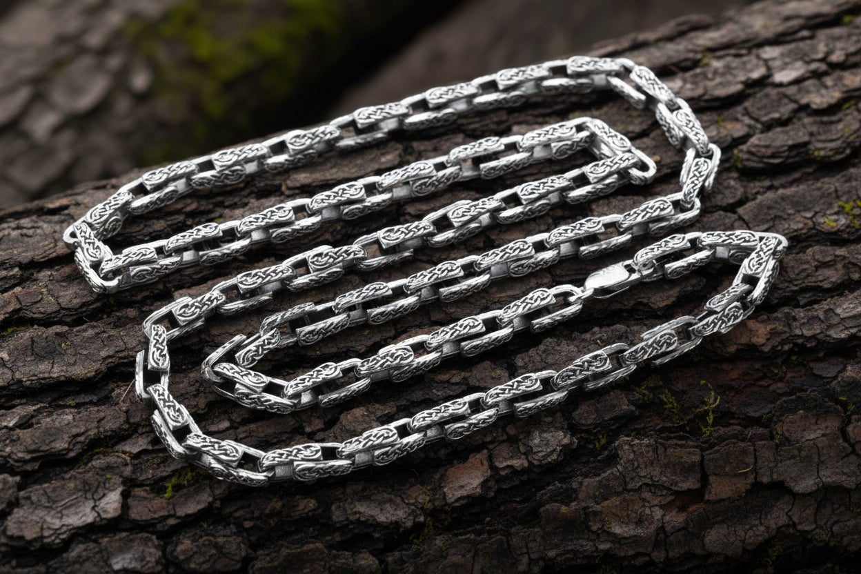 vkngjewelry Pendant Celtic Knot Sterling Silver Men's Chain, Viking Link Necklace