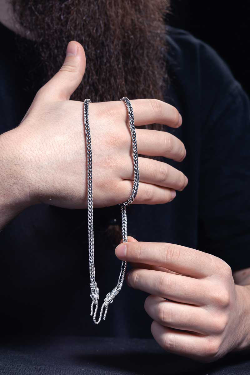 vkngjewelry Chain Handcrafted Sterling Silver Wheat Chain with Wolf Head Tips,Norse Jewelry