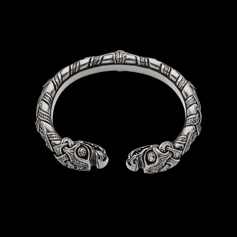 vkngjewelry Bracelet Handcrafted Viking Armring With Serpent Heads - Norse Cuff Jormungandr