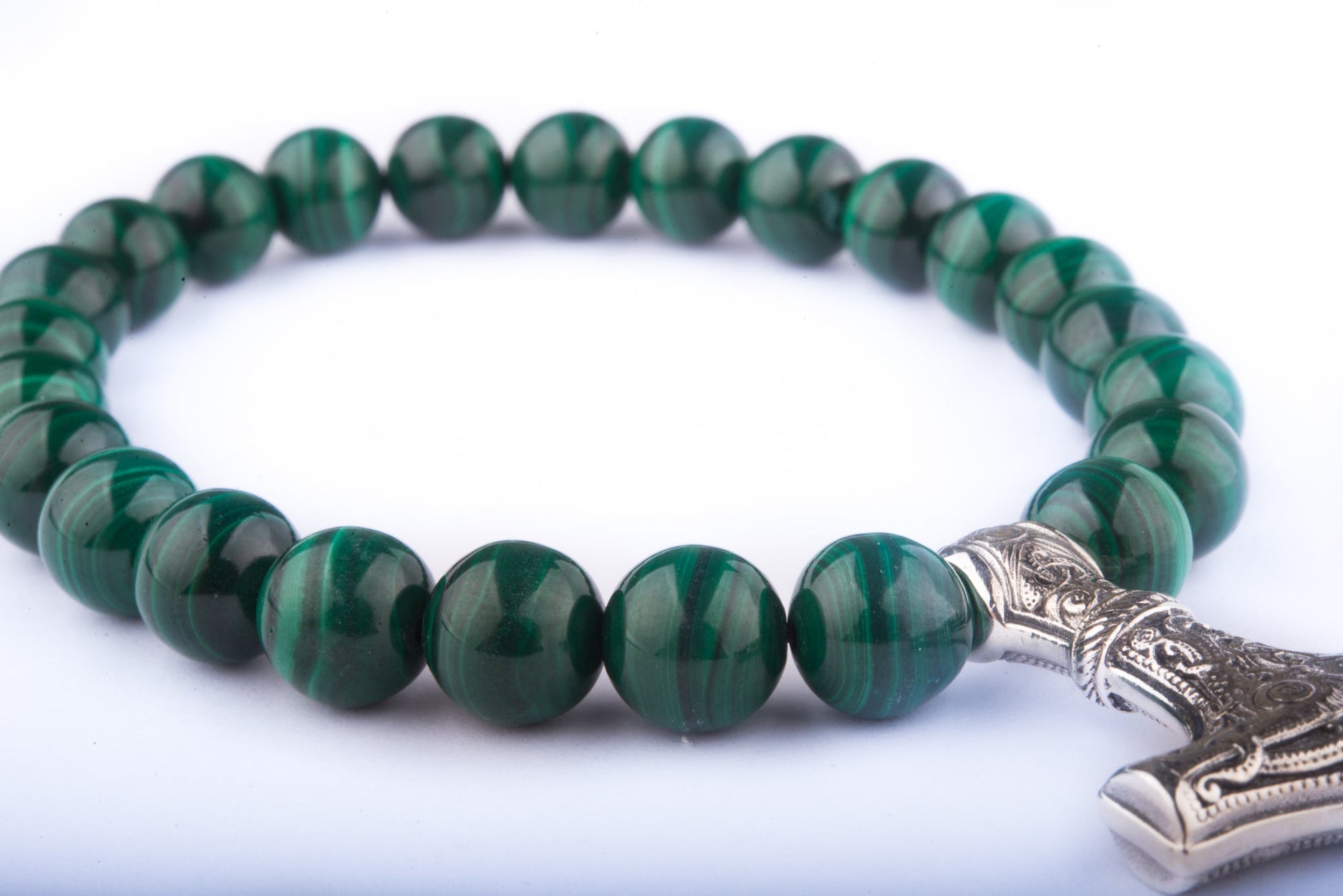 vkngjewelry Bracelet Handcrafted Viking Bracelet In Malachite With Mjolnir