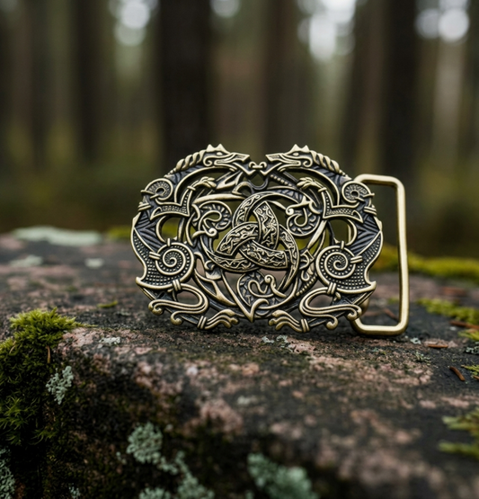 vkngjewelry Belt Handcrafted Viking Wolves Brass Belt Buckle with Horn of Odin