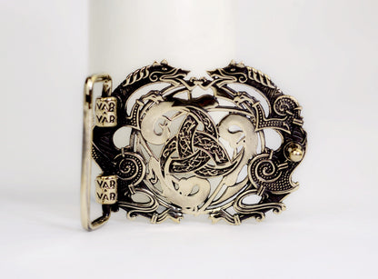 vkngjewelry Belt Handcrafted Viking Wolves Brass Belt Buckle with Horn of Odin