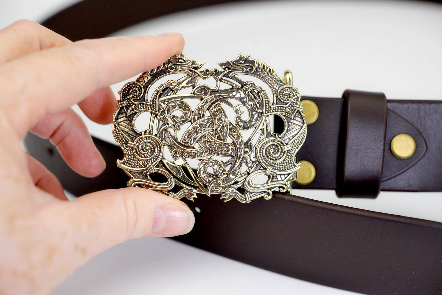vkngjewelry Belt Handcrafted Viking Wolves Brass Belt Buckle with Horn of Odin