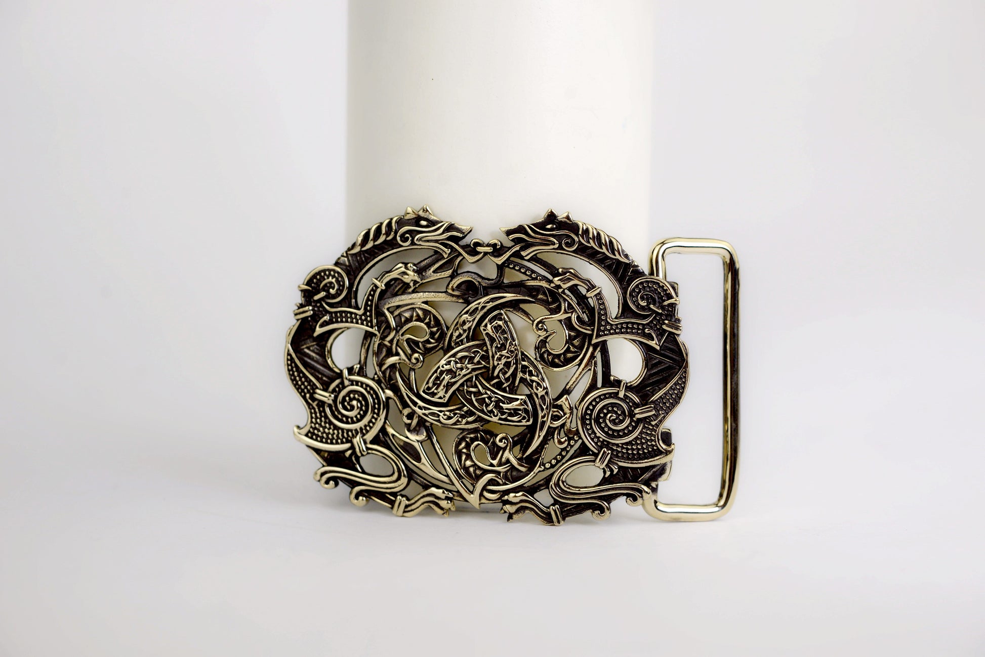 vkngjewelry Belt Handcrafted Viking Wolves Brass Belt Buckle with Horn of Odin
