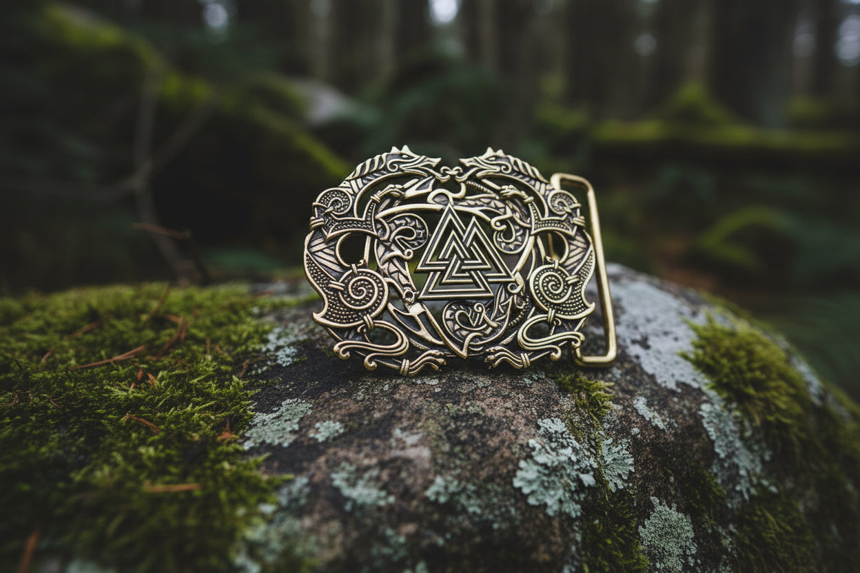 vkngjewelry Belt Handcrafted Viking Wolves Brass Belt Buckle with Valknut