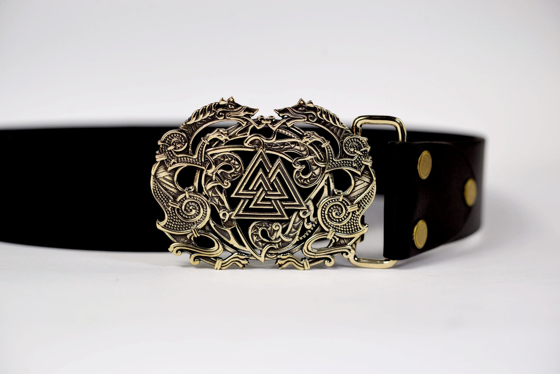 vkngjewelry Belt Handcrafted Viking Wolves Brass Belt Buckle with Valknut