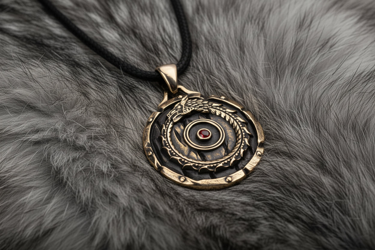 vkngjewelry Pendant Handmade Brass Serpent Round Shield Necklace