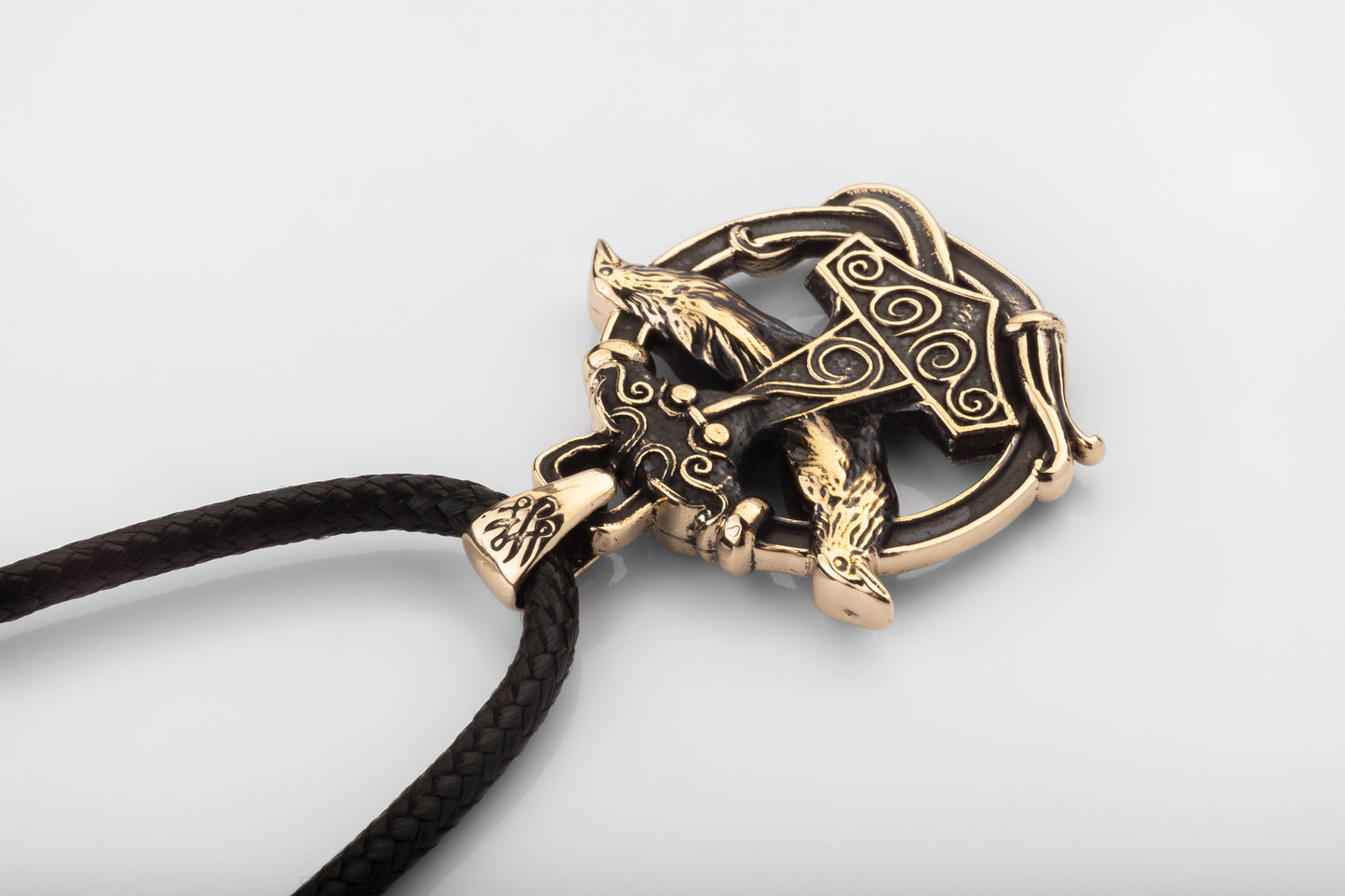 vkngjewelry Pendant Handmade Brass Thor’s Hammer Pendant with Huginn and Muninn Ravens
