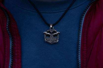 vkngjewelry Pendant Handmade Brass Thor’s Hammer Pendant with Huginn and Muninn Ravens