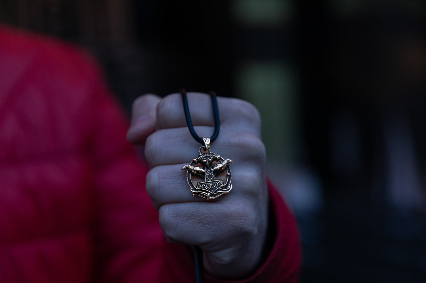 vkngjewelry Pendant Handmade Brass Thor’s Hammer Pendant with Huginn and Muninn Ravens
