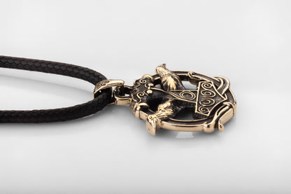 vkngjewelry Pendant Handmade Brass Thor’s Hammer Pendant with Huginn and Muninn Ravens