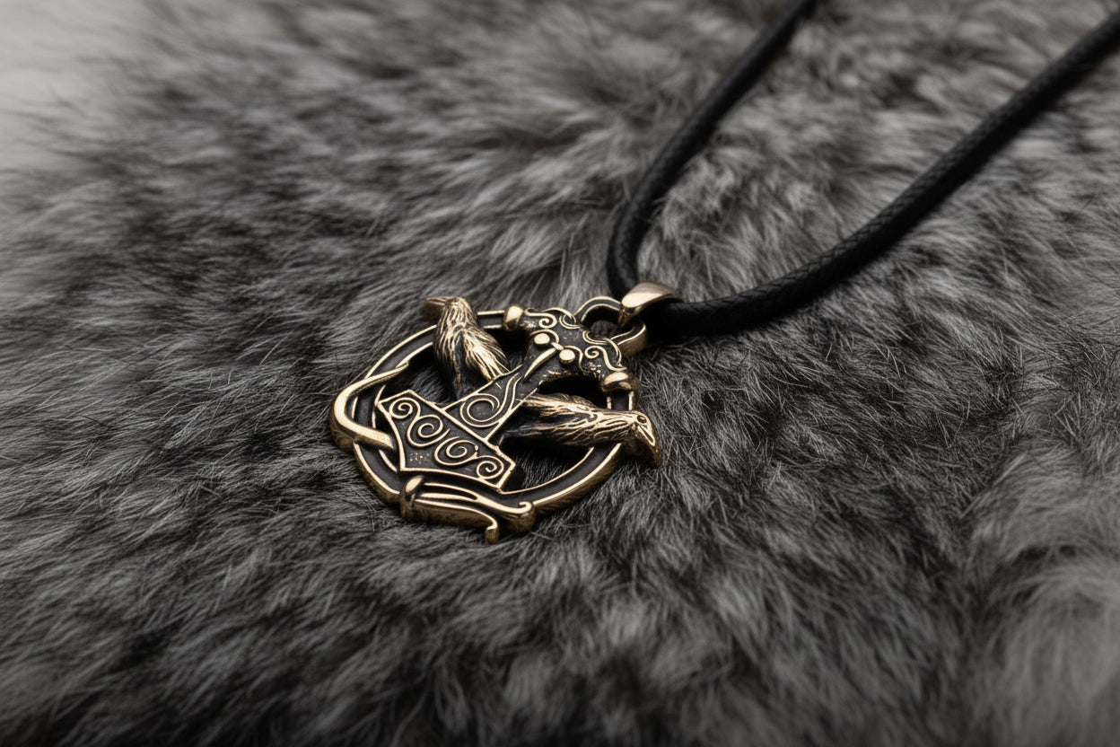 vkngjewelry Pendant Handmade Brass Thor’s Hammer Pendant with Huginn and Muninn Ravens