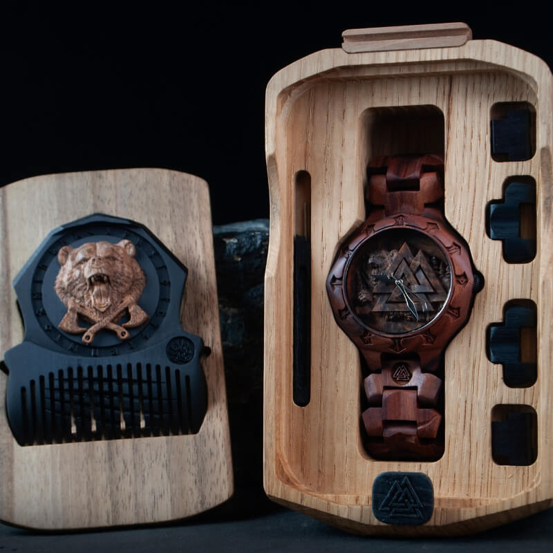 vkngjewelry Watches Handmade Valknut and Bear Viking Wooden Watch