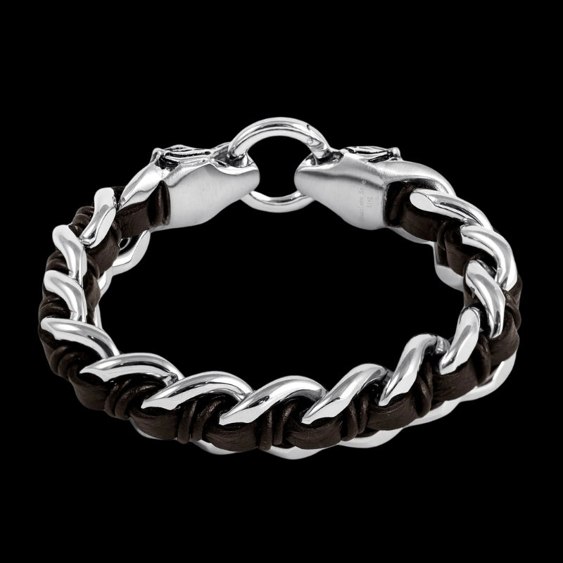 vkngjewelry Bracelet Heavy Stainless Steel Viking Tiger Head With Leather Bracelet