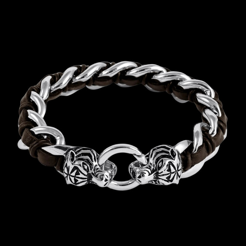 vkngjewelry Bracelet Heavy Stainless Steel Viking Tiger Head With Leather Bracelet