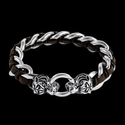 vkngjewelry Bracelet Heavy Stainless Steel Viking Tiger Head With Leather Bracelet