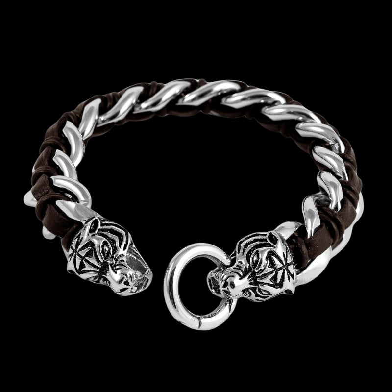 vkngjewelry Bracelet Heavy Stainless Steel Viking Tiger Head With Leather Bracelet
