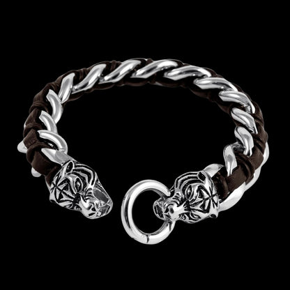 vkngjewelry Bracelet Heavy Stainless Steel Viking Tiger Head With Leather Bracelet