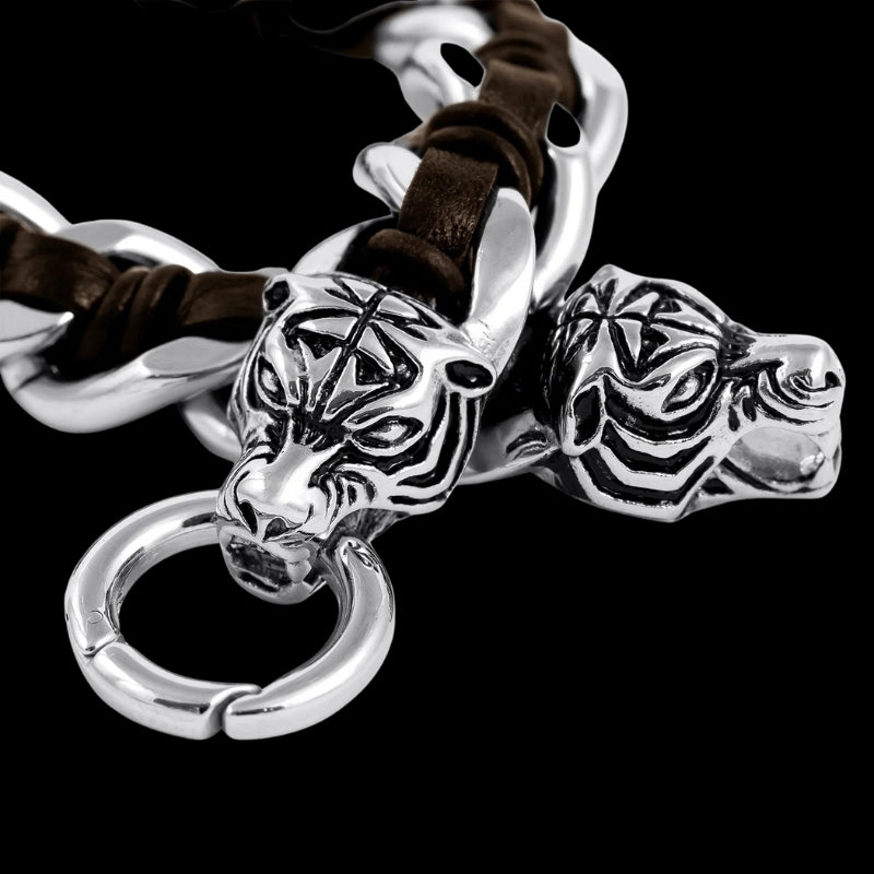 vkngjewelry Bracelet Heavy Stainless Steel Viking Tiger Head With Leather Bracelet