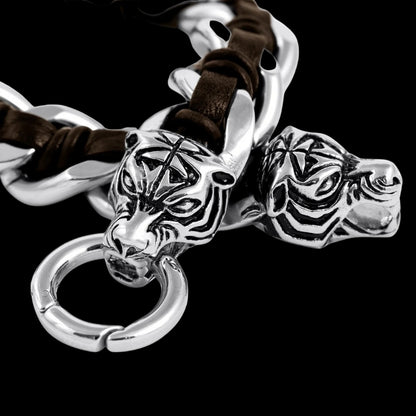 vkngjewelry Bracelet Heavy Stainless Steel Viking Tiger Head With Leather Bracelet
