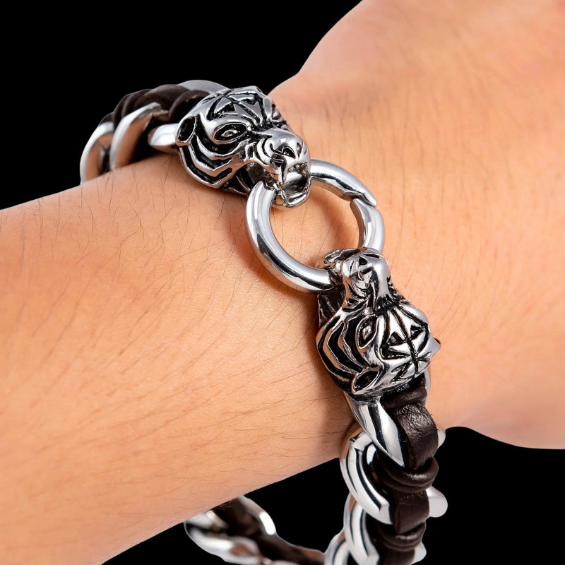 vkngjewelry Bracelet Heavy Stainless Steel Viking Tiger Head With Leather Bracelet