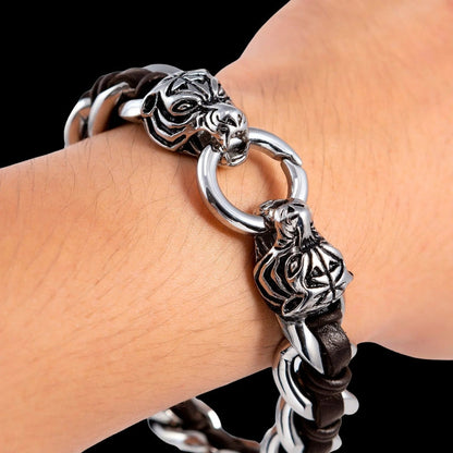 vkngjewelry Bracelet Heavy Stainless Steel Viking Tiger Head With Leather Bracelet