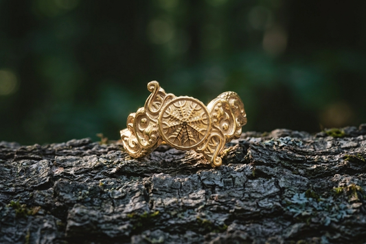 vkngjewelry Ring Handcrafted Helm of Awe Symbol and Wolf Ornament Gold Ring