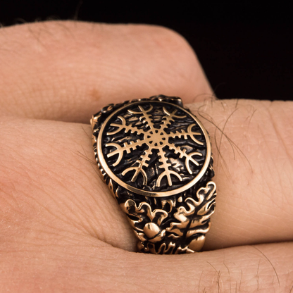 vkngjewelry Bagues Helm of Awe Symbol Oak Leaves and Acorns Bronze Ring