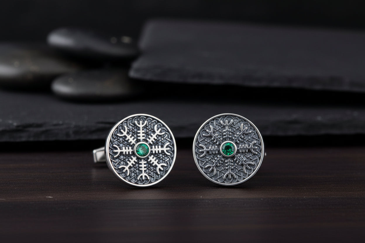 vkngjewelry Cufflinks Handcrafted Helm of Awe Symbol Silver Sterling Cufflinks