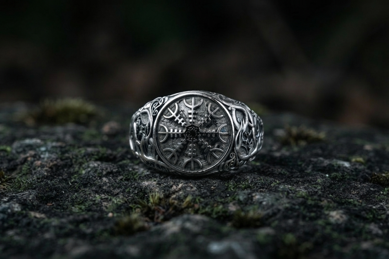 vkngjewelry Ring Handcrafted Helm Of Awe Urnes Style Ruthenium Ring