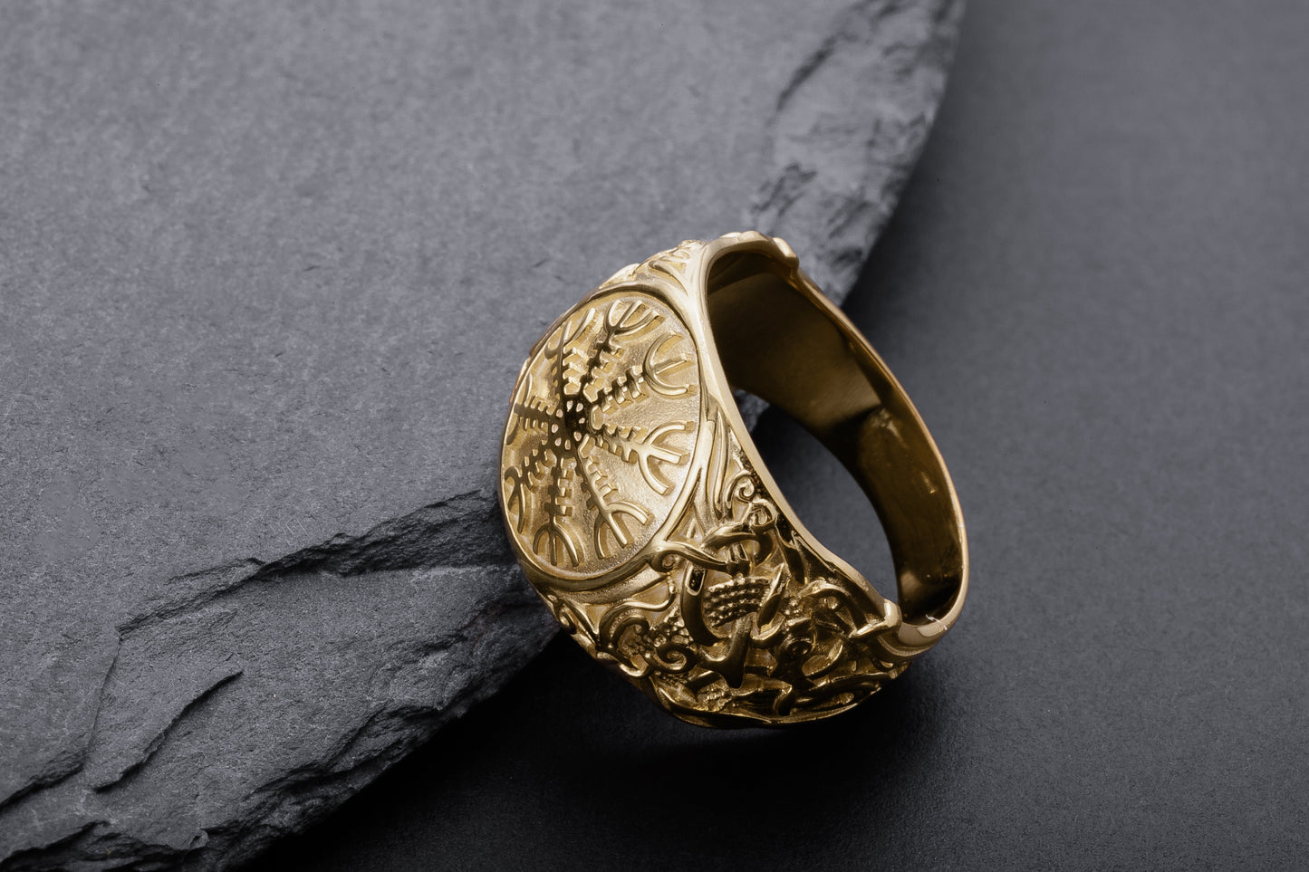 vkngjewelry Ring Handcrafted Helm of Awe with Mammen Ornament Gold Ring