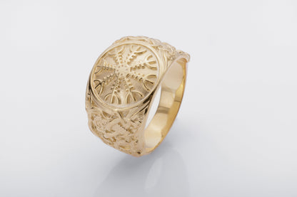 vkngjewelry Ring Handcrafted Helm of Awe with Mammen Ornament Gold Ring
