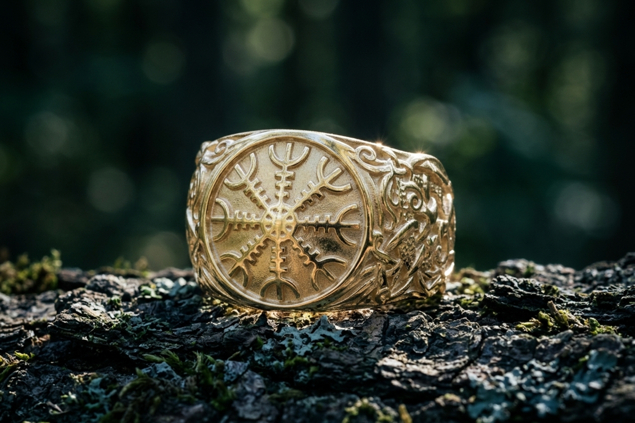 vkngjewelry Ring Handcrafted Helm of Awe with Mammen Ornament Gold Ring