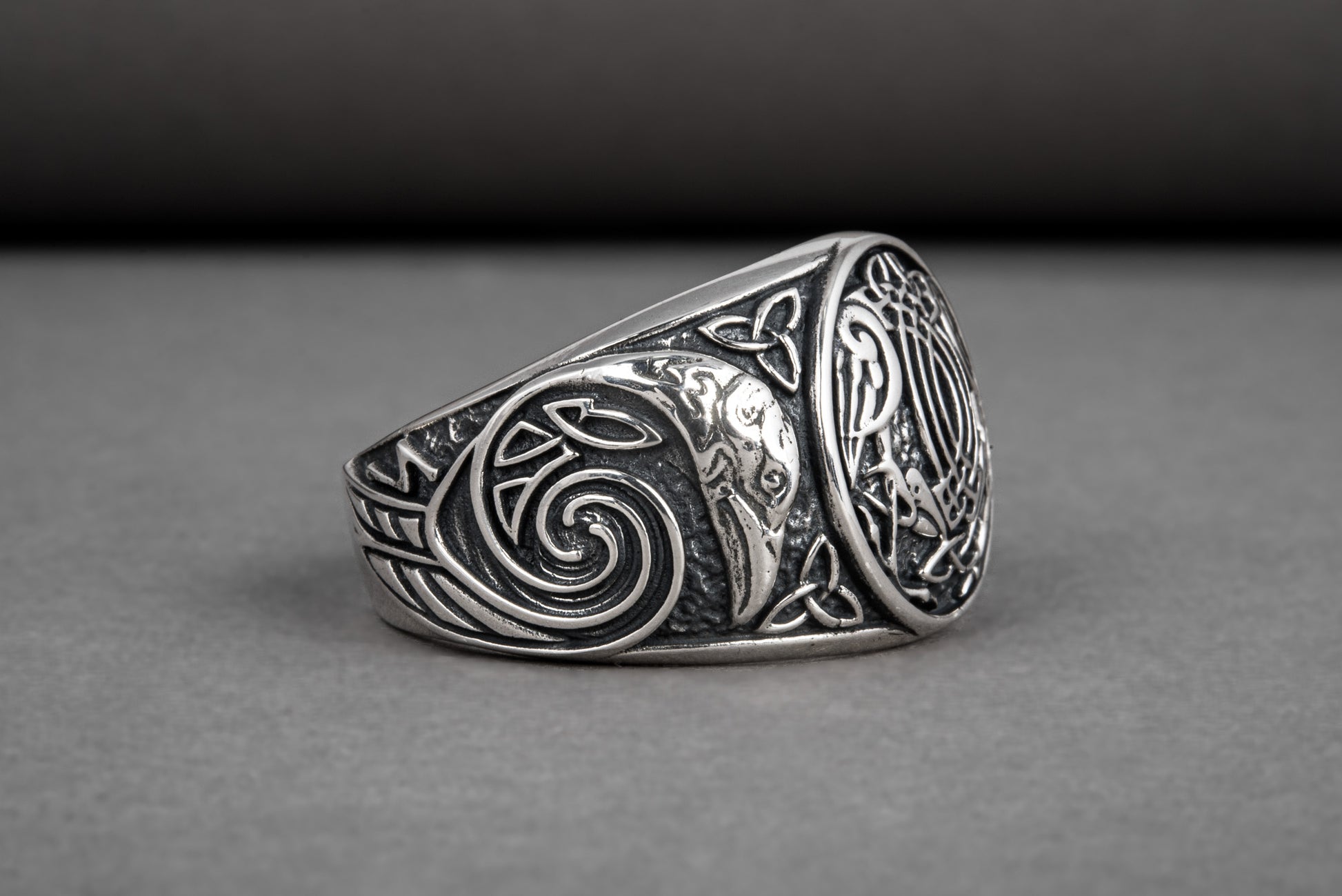 vkngjewelry Ring Handcrafted Hugin Munin Ancient Ravens Side Sterling Silver Ring