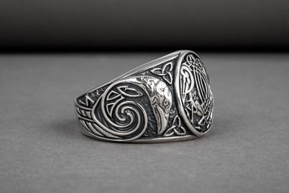 vkngjewelry Ring Handcrafted Hugin Munin Ancient Ravens Side Sterling Silver Ring