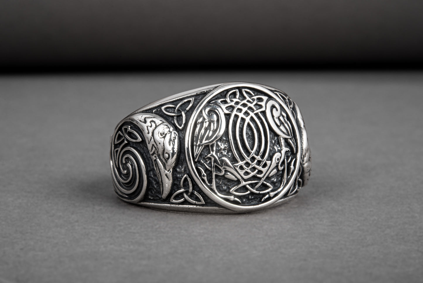 vkngjewelry Ring Handcrafted Hugin Munin Ancient Ravens Side Sterling Silver Ring