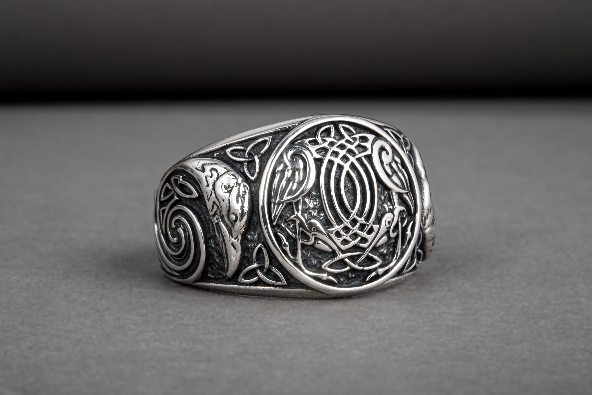 vkngjewelry Ring Handcrafted Hugin Munin Ancient Ravens Side Sterling Silver Ring