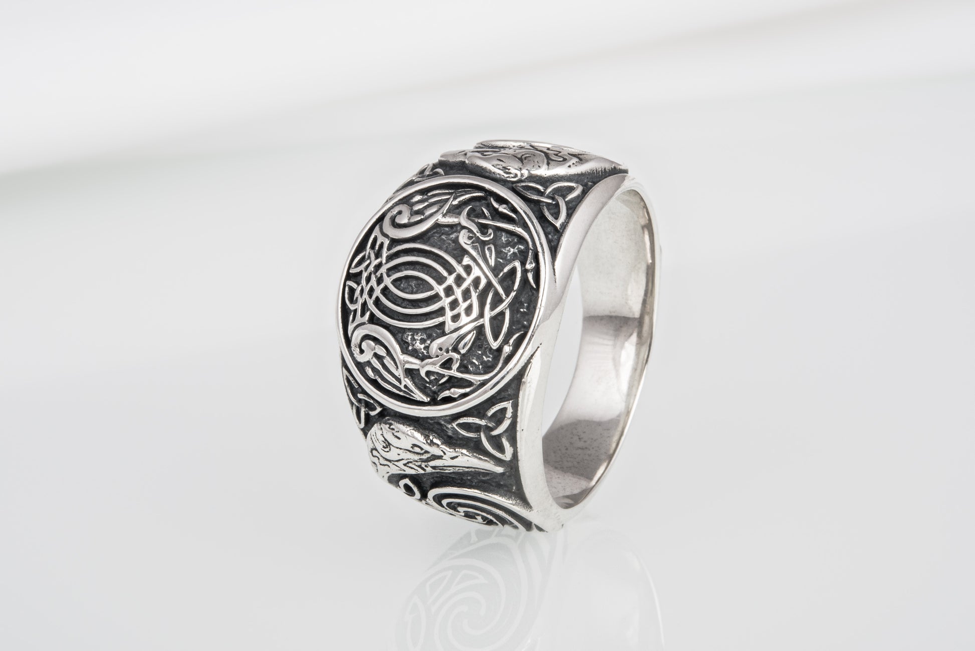 vkngjewelry Ring Handcrafted Hugin Munin Ancient Ravens Side Sterling Silver Ring