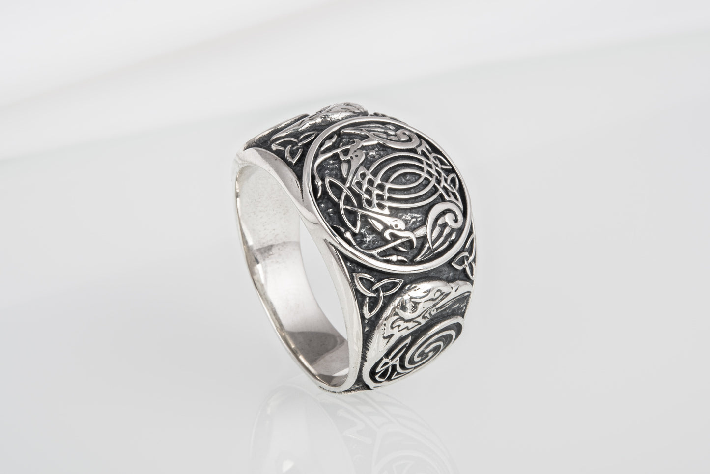 vkngjewelry Ring Handcrafted Hugin Munin Ancient Ravens Side Sterling Silver Ring