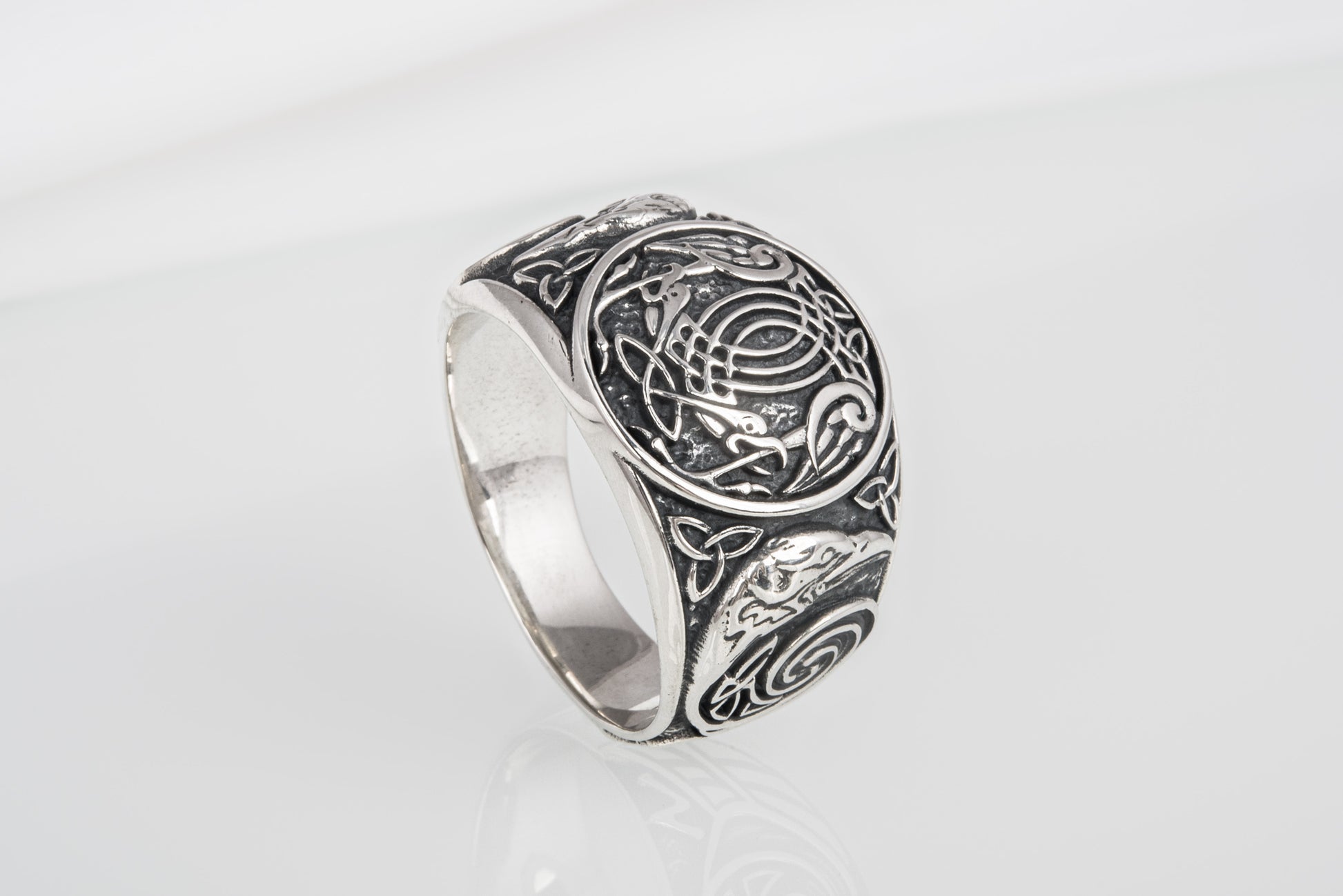 vkngjewelry Ring Handcrafted Hugin Munin Ancient Ravens Side Sterling Silver Ring