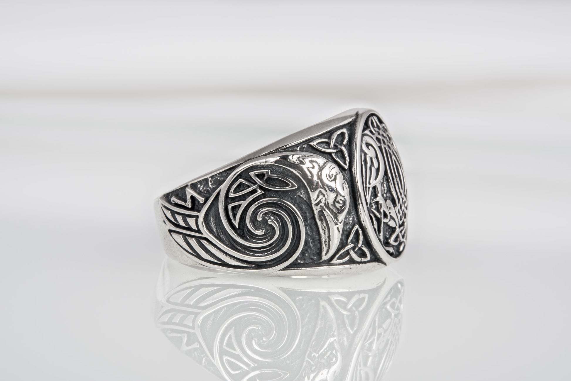 vkngjewelry Ring Handcrafted Hugin Munin Ancient Ravens Side Sterling Silver Ring