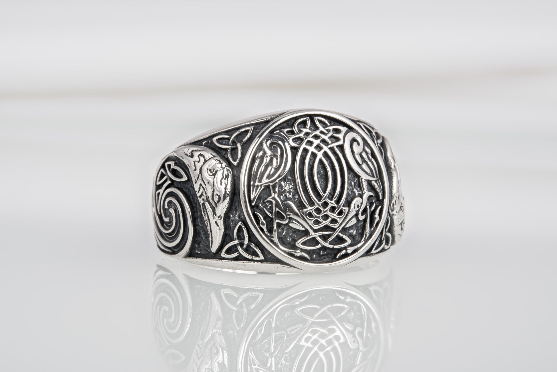 vkngjewelry Ring Handcrafted Hugin Munin Ancient Ravens Side Sterling Silver Ring