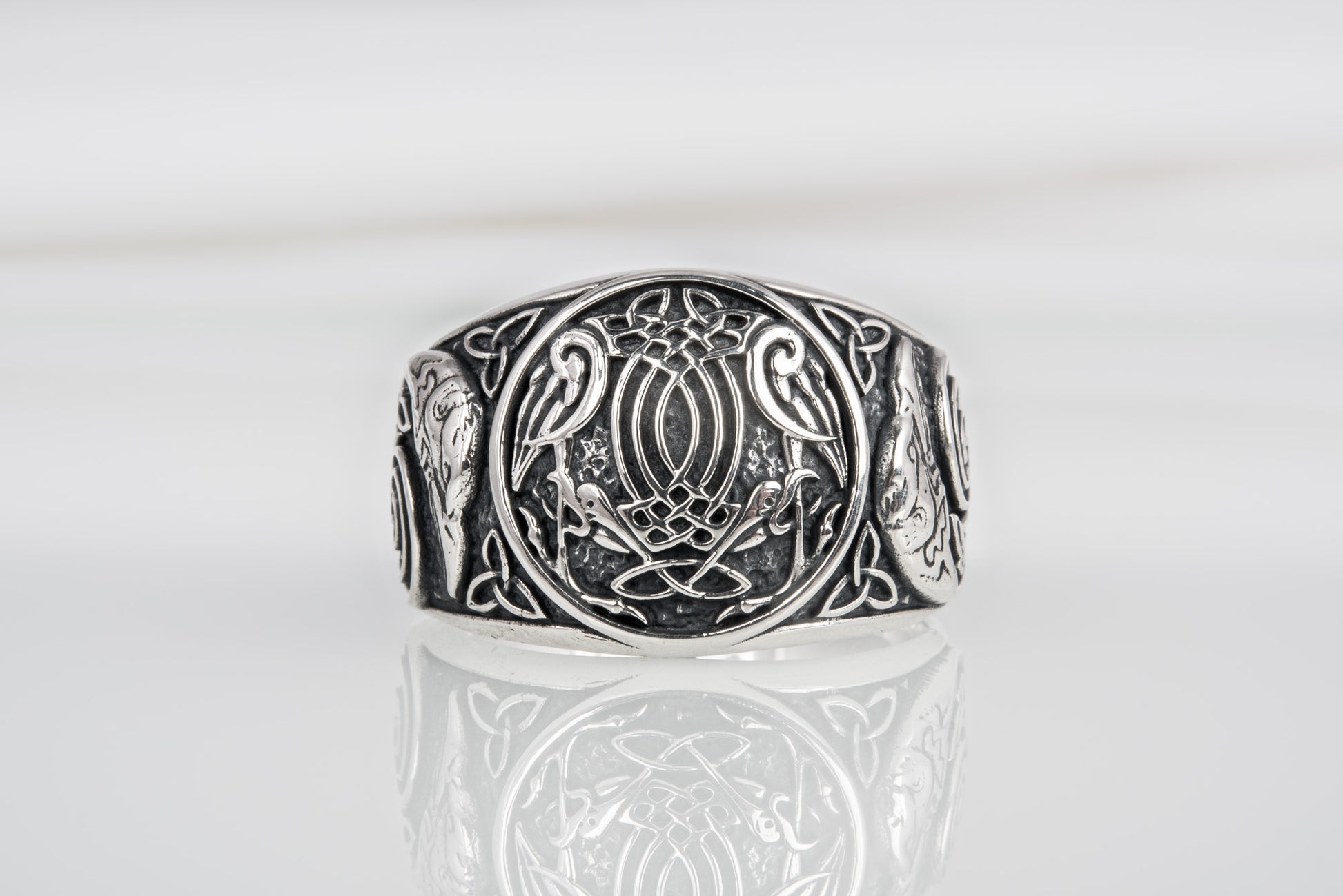 vkngjewelry Ring Handcrafted Hugin Munin Ancient Ravens Side Sterling Silver Ring