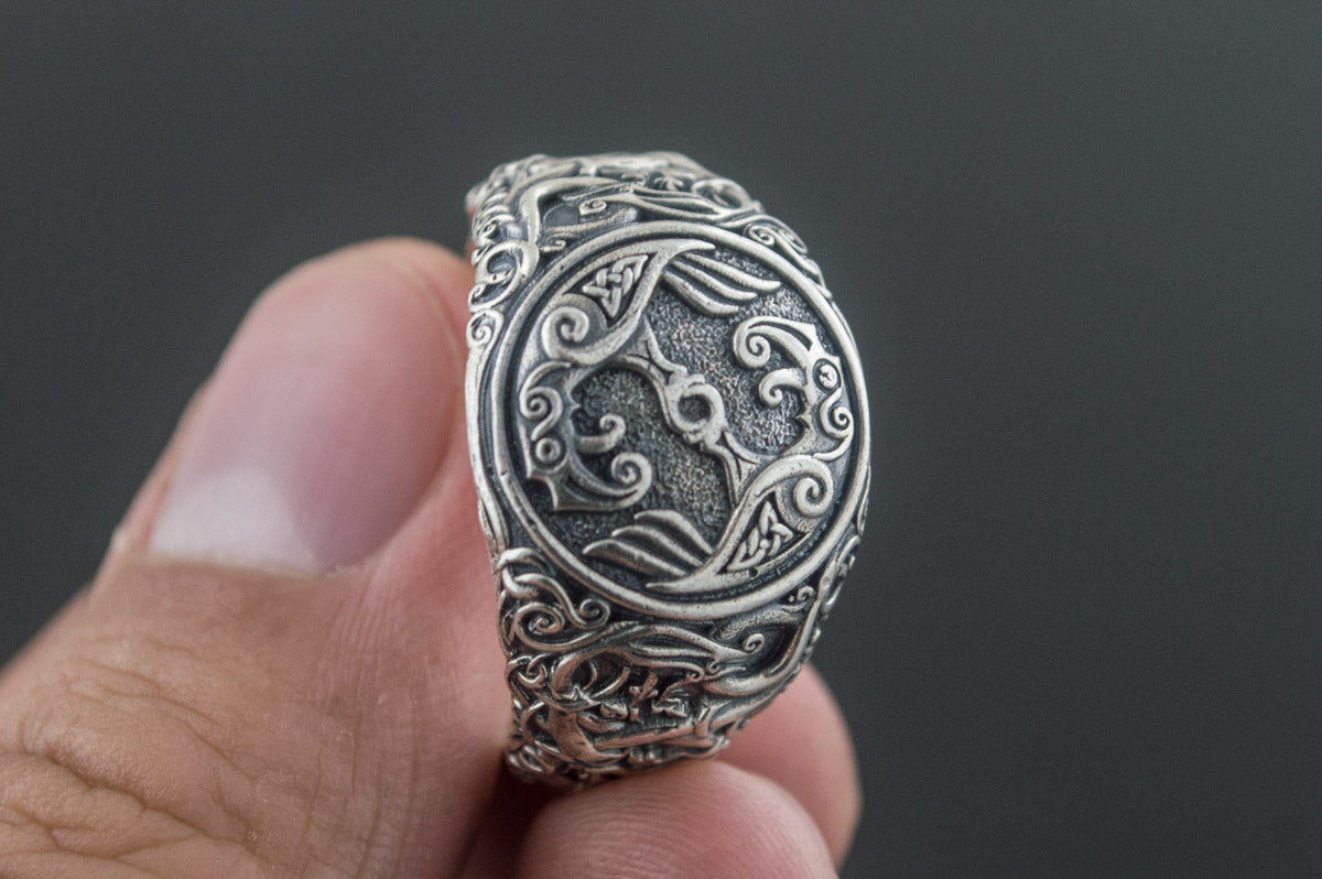 vkngjewelry Ring Handcrafted Hugin Munin Urnes Style Sterling Silver