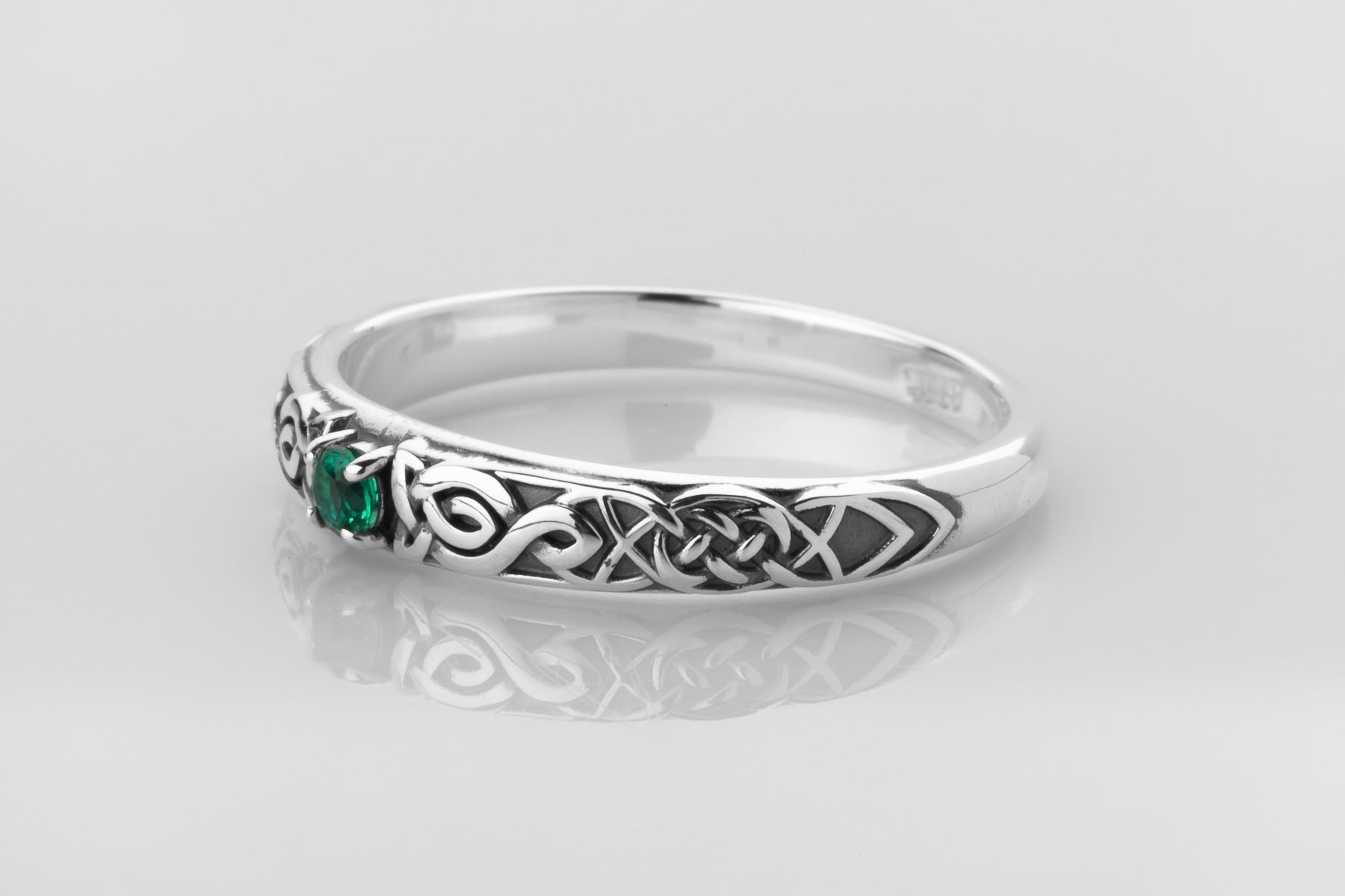 vkngjewelry Rings Lab Emerald Silver Celtic Ring, Green Stone Viking Wedding Band